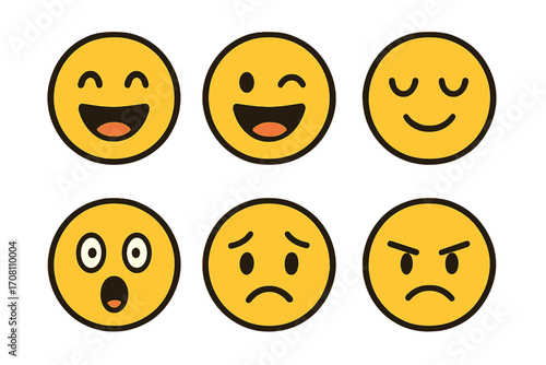 Emoji icon set. Emoticon faces showing various emotions. Happy smile, sad frown, angry, surprised, winking expressions. Cute cartoon character icons for web, chat, message.