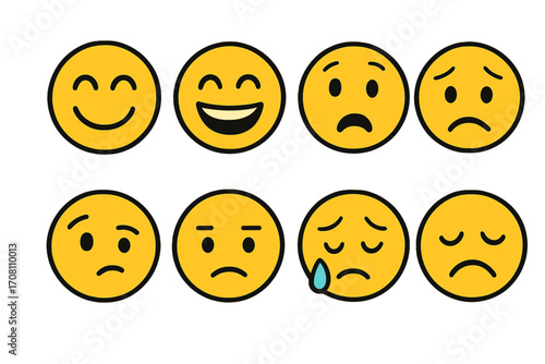 Emoji set showing a range of emotions. Emoticon collection with expressions from happiness to sadness. Simple vector cartoon faces. Happy, sad, smile, and cry icons pack.