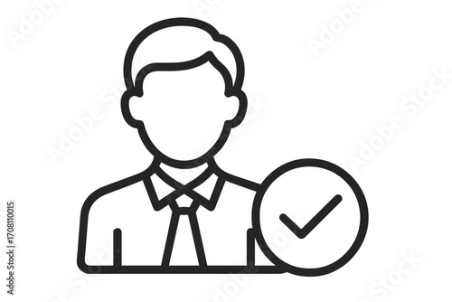 Verified employee icon. Approved candidate for job. Recruitment and hiring success concept. User profile validation. Check mark for worker selection. Headhunting & HR.