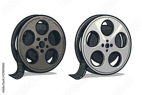 Vector set of film reel icons. Old and new movie reel design. Vintage vs modern cinema spool comparison. Retro cinematography equipment. Filmstrip for movie production.