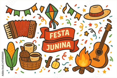 Festa Junina vector icon set. Brazilian June Festival cartoon elements. São João folk party celebration in Brazil. Traditional symbols: accordion, guitar, bonfire, corn, hat.