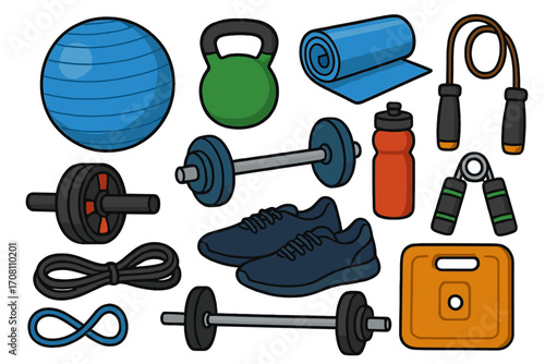 Fitness equipment set. Gym workout tools collection. Vector cartoon icons of dumbbell, kettlebell, yoga mat, shoes, jump rope for active lifestyle. Sport exercise accessories.