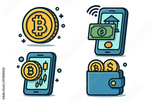 Fintech icons set. Financial technology concept. Mobile banking online payment. Cryptocurrency trading investment. Bitcoin, dollar symbol. Digital wallet. Crypto exchange money.