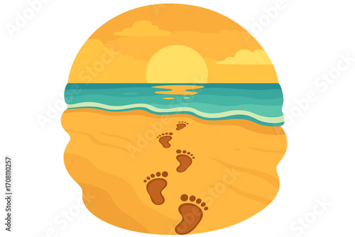 Footprints in the sand leading to the ocean at sunset. Vector cartoon illustration of a serene beach scene. Summer vacation and travel journey concept. Path on a tranquil coast.