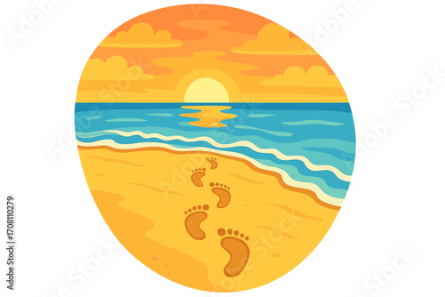 Footprints in sand on a beach leading to the ocean at sunset. Serene coastal landscape. Concept of journey, vacation, solitude and tranquility. Summer travel vector illustration.