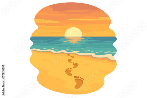 Footprints in sand on beach at sunset leading to ocean. Vector concept for summer vacation, lonely walk, travel journey, peace, serenity, and freedom. Seascape background.
