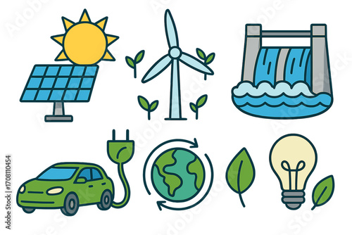 Renewable energy sources icon set for a sustainable future. Green power and ecology concept. Vector icons of solar panel, wind turbine, hydro power, and electric car.