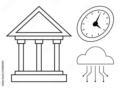 Pillared building, analog clock, and cloud with circuit lines. Ideal for governance, law, time management, digital transformation, history finance and innovation. Simple flat metaphor