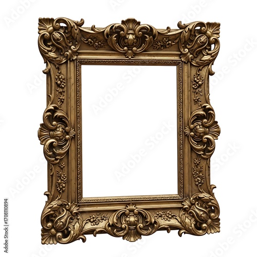 Ornate gold-toned picture frame with elaborate carvings and floral details, showcasing a classic design.