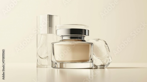 Minimalist product photo of glass cosmetic jars and a bottle with beige cream, reflecting a clean luxury skincare aesthetic.