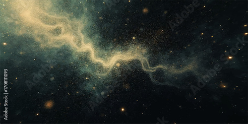 A deep blue and dark night sky with a vibrant nebula and bright stars