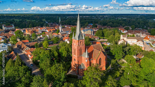 Aerial view of the Evangelical Lutheran Church of Saint Anne in Kuldīga, a riverside town in the Courland region of Latvia in the Baltic States