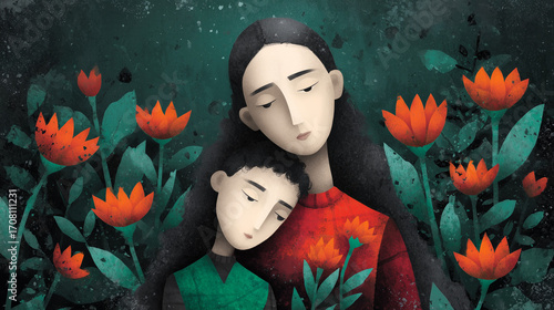 Sad Mother and Daughter — Emotional Illustration About Loss and Grief
