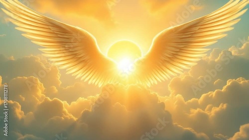 Golden angel wings sunlit sky