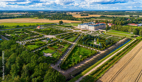 Aerial view of the gardens of Rundāle Palace, a major baroque palace built for the Dukes of Courland in Latvia, one of the Baltic States