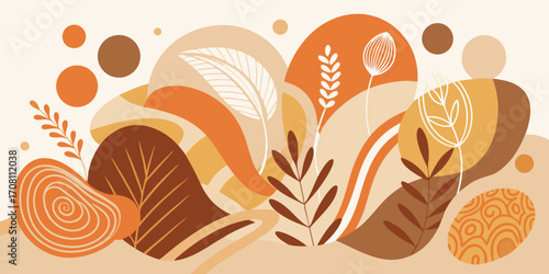 Abstract botanical vector illustration with earthy tones featuring decorative leaves and organic shapes promoting natural warmth and modern aesthetic design with autumnal feel