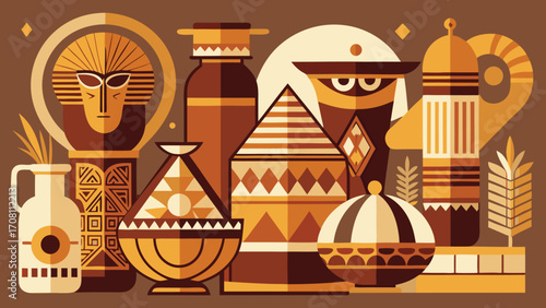Abstract composition of decorative egyptian pottery and artifacts in warm earthy tones flat vector illustration graphic design for cultural projects