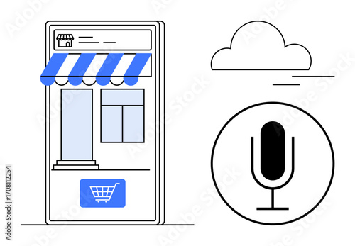 Digital storefront with shopping cart icon beside microphone for voice search and cloud illustration. Ideal for e-commerce, voice technology, innovation, connectivity, retail, apps, simple landing