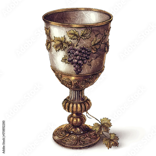 Realistic church altar chalice with bread, white background.