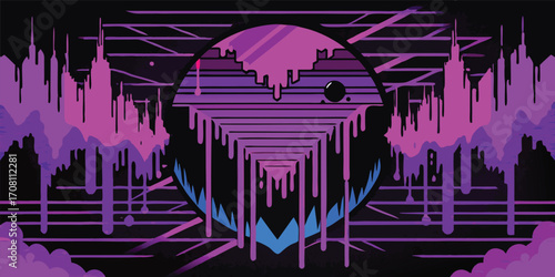 Abstract cyberpunk cityscape with dripping elements in vibrant purple and blue tones evoking a futuristic and slightly dystopian atmosphere