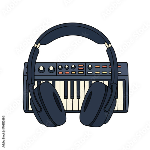 Electronic Keyboard with Headphones for Music Production.