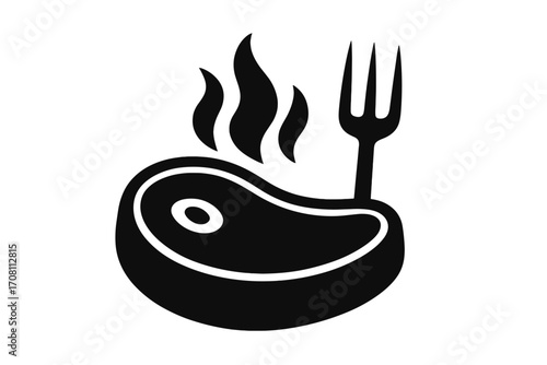 Grill icon, barbecue symbol. Hot steak silhouette. Vector illustration of grilled meat with fork. BBQ party concept. Cooked beef or pork. Food pictogram for restaurant menu.