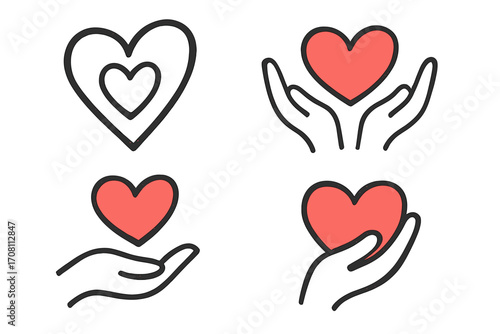 Set of hand-drawn heart icons. Love, care, and charity concept. Hands holding a heart. Symbol of donation, health, kindness, and support. Minimalistic vector illustration.