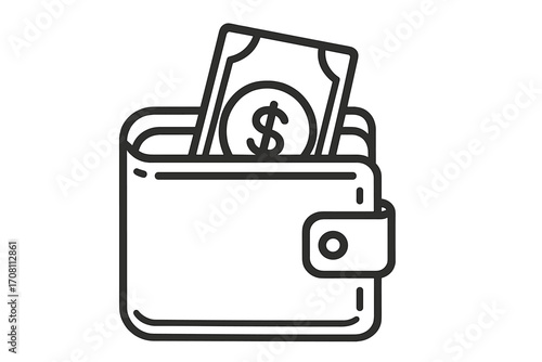 Wallet with money line icon. Cash payment symbol. Finance concept for savings, income, and budget. Dollar currency illustration. Vector line art graphic for business wealth.