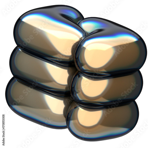 Abstract glossy metallic spheres stacked in a column with reflective surfaces and a light gradient, creating a futuristic and sophisticated visual effect