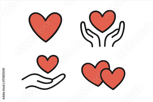 Hand-drawn heart icon set for love, care, and charity. Vector illustration of hands holding heart, a symbol for donation, health, support, compassion and relationship.