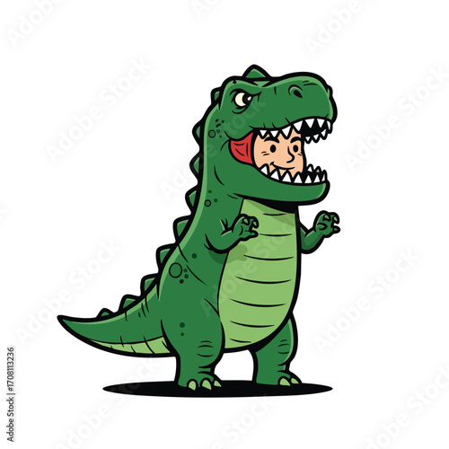 Cartoon Dinosaur with a Person in its Mouth Green Scales and Sharp Teeth.