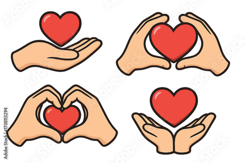 Set of hands holding red heart symbols. Vector icons for love, charity, donation, and health care. Represents kindness, support, compassion, and volunteer work. Cartoon style.