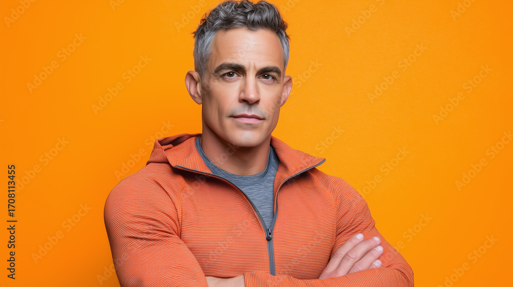 Fototapeta premium Confident portrait of fit middle aged man with gray hair wearing orange zip up jacket and gray shirt standing with arms crossed against bright orange background