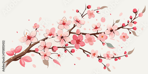 Beautiful cherry blossom branch illustration delicate pink flowers and buds springtime floral design decorative element natural illustration asian style vector artwork