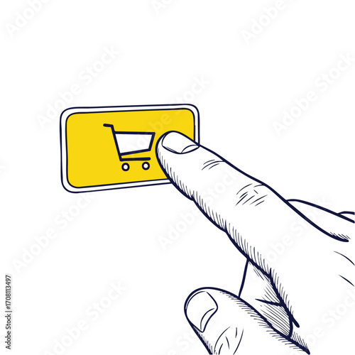 Hand Touching Online Shopping Cart Icon.
