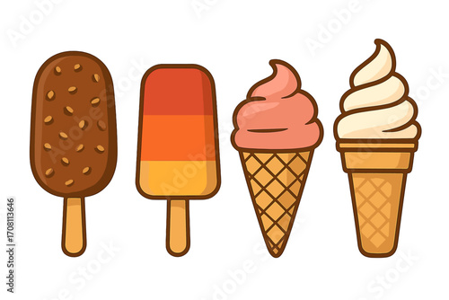 Ice cream vector icon set. Four cartoon illustrations: chocolate bar, fruit popsicle, strawberry and vanilla soft serve in waffle cones. Isolated sweet summer dessert food.