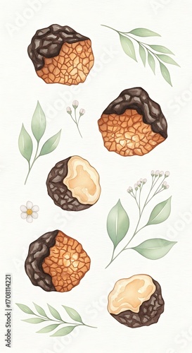 A whimsical arrangement of hand-drawn, sliced truffle-like treats, accented by delicate floral and leaf elements, showcasing a soft color palette.