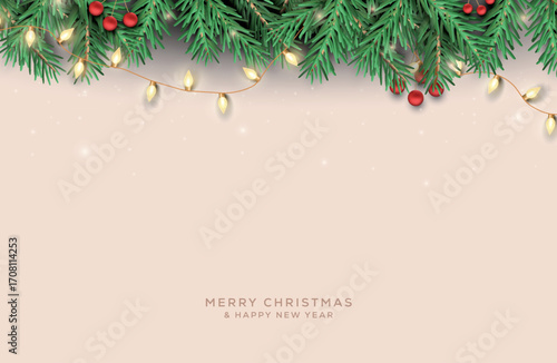 Christmas decoration border with fir branches and golden glitter confetti and sparkles of lights background. Bright Christmas and New Year design holiday frame. Creative vector illustration.