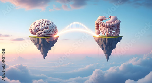 Floating islands with human brains connected to digestive organs in a surreal sky scene, illustrating the microbiome gut brain axis and the invisible connection between mind and body health