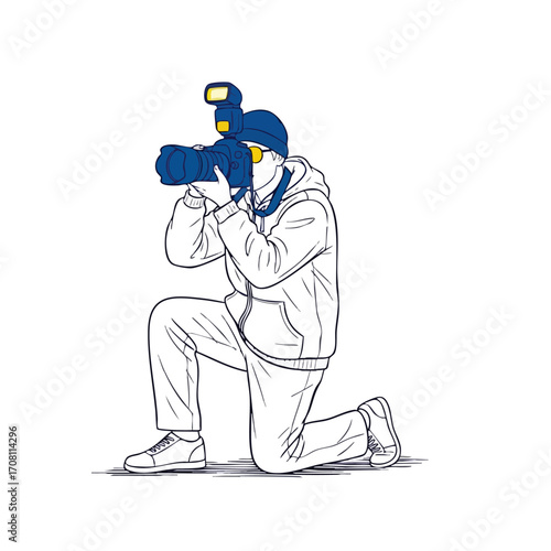 Illustration of a Photographer Kneeling with Camera and Flash.
