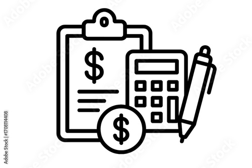 Financial planning and budget calculation icon. Accounting report, audit or tax analysis concept. Money management, savings and investment symbol with calculator and document.
