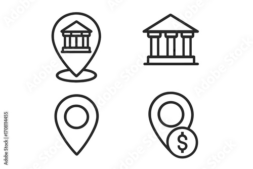 Bank location icon set. Financial building and money symbol. Map pin with dollar sign. Courthouse or government building pictogram. Vector line art for navigation app.