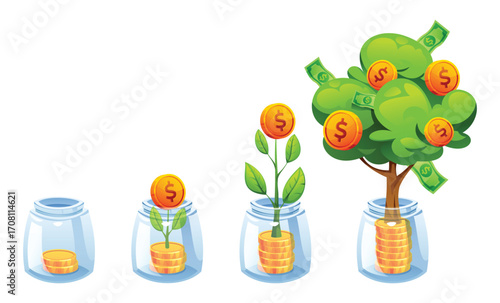 Growing money tree in glass jars symbolizing saving and financial growth over time. Investment concept design. Vector cartoon illustration
