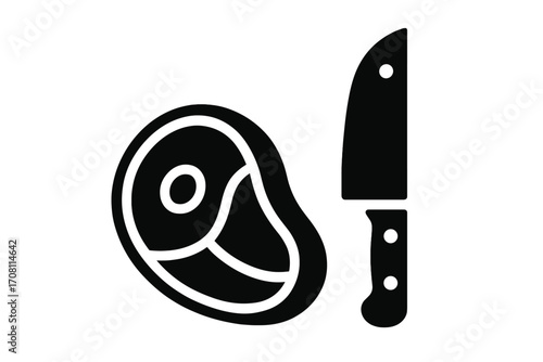 Raw meat steak and butcher knife vector icon. Beef or pork chop silhouette for steakhouse menu or butchery logo. Barbecue and grill concept. Fresh food for cooking dinner.