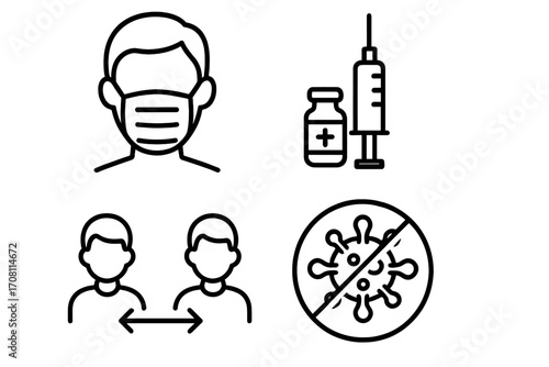 Health and safety line icons for pandemic. Man in face mask, vaccine and syringe, social distance, and stop virus sign. Coronavirus disease protection measures. Vector set.