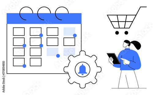 Calendar with marked dates, shopping cart, gear with notification icon, woman holding tablet. Ideal for scheduling, e-commerce, task management, automation, workflow retail simple landing page