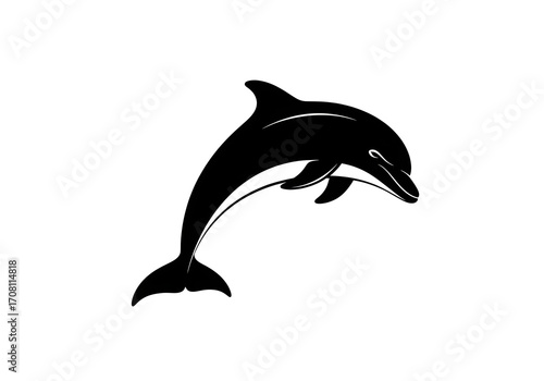 Vector silhouette of a wild aquatic mammal, a dolphin jumping over the ocean, isolated on a white background