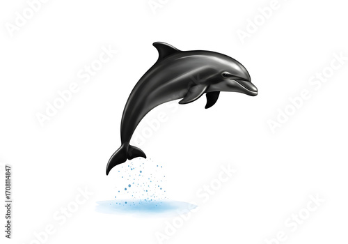 Vector silhouette of a wild aquatic mammal, a dolphin jumping over the ocean, isolated on a white background