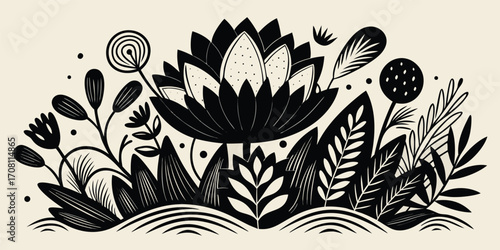 Botanical illustration with central flower silhouette and assorted flora in a graphic black and white style decorative floral element