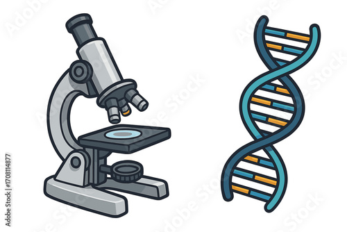 Microscope and DNA helix vector cartoon illustration. Concept for scientific exploration, genetics, molecular biology research. Laboratory equipment for genetic engineering.